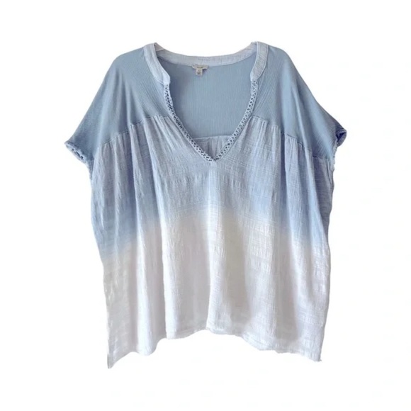 Ecote | Blue Ombré Cotton Gauze Oversized V-Neck Top, M/L - Picture 1 of 9